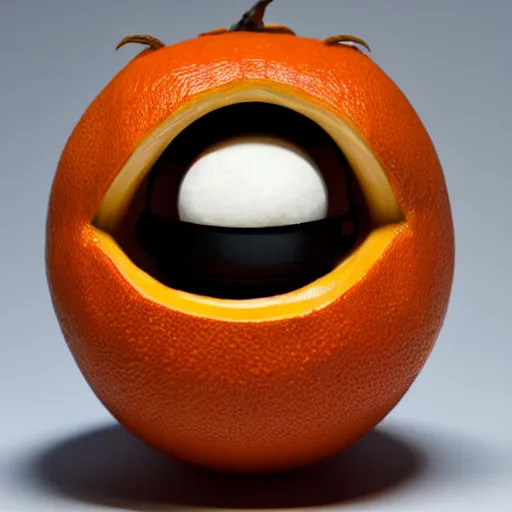 Image similar to a taxidermized annoying orange, in a museum, 8 5 mm lens, 7 0 mm entrance pupil diameter