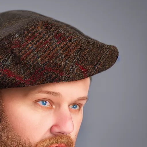 Prompt: a photo of a 40 year old german man, blue eyes, brown hair, wearing a brown tweed jacket, bright red hat, studio lighting, 4k