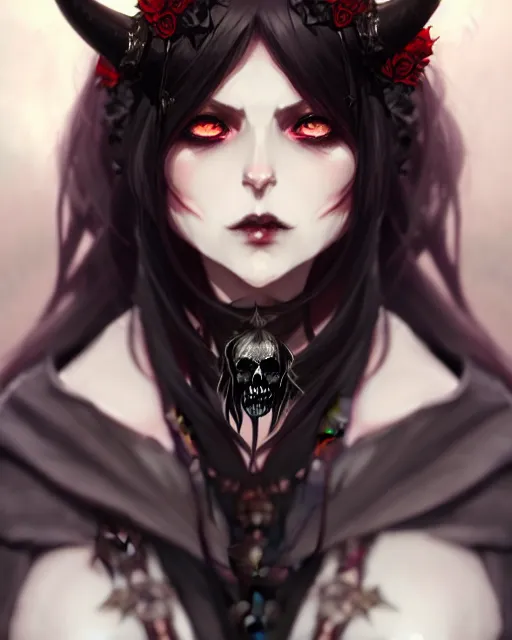 Image similar to dressed dark sorceress surrounded by black roses horns and skulls, cushart krenz, very detailed, realistic face, detailed face, matte, tonemapping, bbwchan, perfection, 4 k, cushart krenz