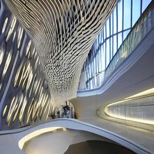 Image similar to extremely detailed ornate stunning beautiful elegant futuristic museum lobby interior by Zaha Hadid