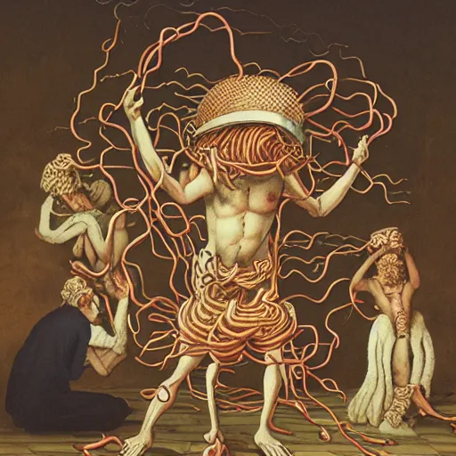 Image similar to worshipping the flying spaghetti monster