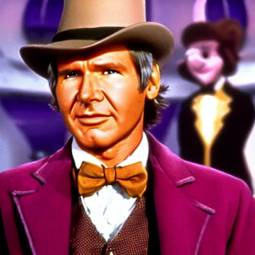 Prompt: A still of Harrison Ford in Willy Wonka