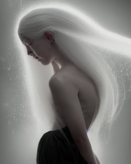 Image similar to delicate, dreamy, feminine, subsurface scattering, white, young beautiful bio - mechanical cyborg in cosmos long white hair floating in air, fluid smoke art, black and white, octane render, dino valls, mark ryden, joe fenton, michal karcz, highly detailed, rim light, art, cinematic lighting, very coherent, hyper realism, 8 k