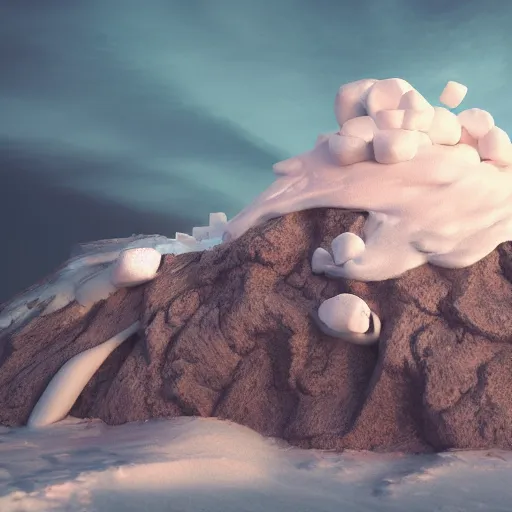 Image similar to The mountain made of ice cream, marshmallow cloud in the sky,artstation,highly detailed,8k,elegant