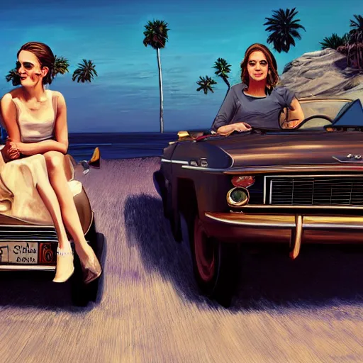 Prompt: highly detailed painting emma watson and jennifer lawrence driving a cabrio along a costal scenic route, gta 5 cover art style, 8 k, radiant light, detailed and intricate environment, trending on artstation