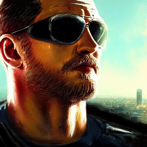 Prompt: closeup portrait of tom hardy as the terminator, sunglasses, city background, dramatic light, gorgeous view, depth, high detail, digital art, painted by greg rutkowski, trending on artstation