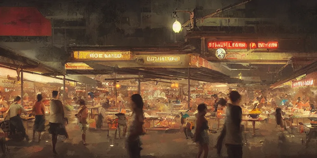 Image similar to a singaporean hawker centre at night, by greg rutkowski