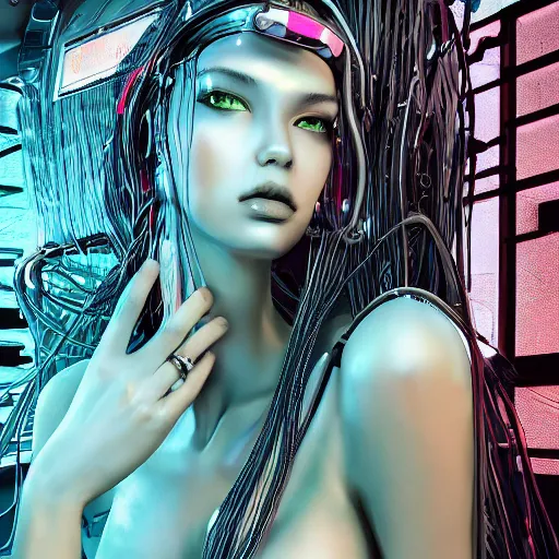 Image similar to the portrait of an absurdly beautiful, graceful, sophisticated, fashionable cyberpunk gynoid gravure idol, an ultrafine hyperdetailed illustration by kim jung gi, irakli nadar, intricate linework, neon wiring, porcelain skin, unreal engine 5 highly rendered, global illumination, radiant light, detailed and intricate environment