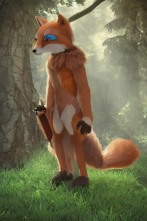 Image similar to a medieval fox furry fursona with a fluffy tail in a forest, backlighting, cgi, rendered in unreal engine, trending on artstation, cartoon