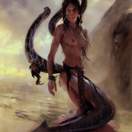 Image similar to nagas, female, long, black scales, cinematographic shot, by daniel f. gerhartz