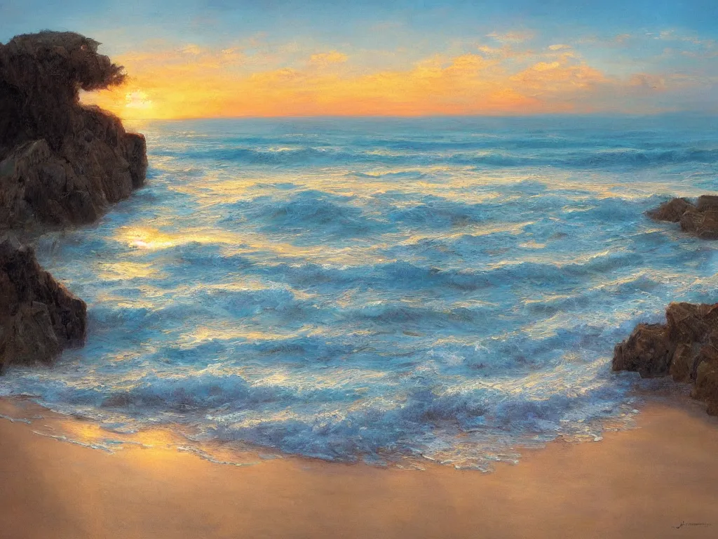 Image similar to a beautiful masterpiece painting of a coastal beach seascape in summer at sunset by juan gimenez, award winning, trending on artstation,