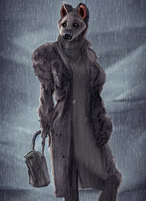 Image similar to digital artwork of anthromorphic hyena female, fursona, furry fandom, rainy cyberpunk setting, anthro, wearing large raincoat,