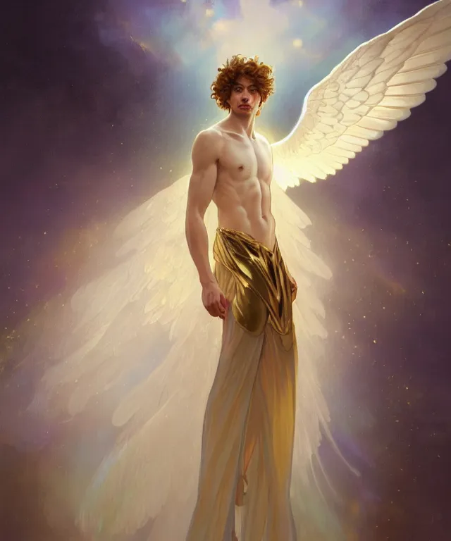 Image similar to fullbody portrait of a beautiful young fit male angel with curly blond hairs, full dressed in long fluent clothes, majestic big dove wings, luminous halo, by greg rutkowski and alphonse mucha, gradient white to gold, in front of an iridescent background, highly detailed portrait, digital painting, artstation, concept art, smooth, sharp focus illustration