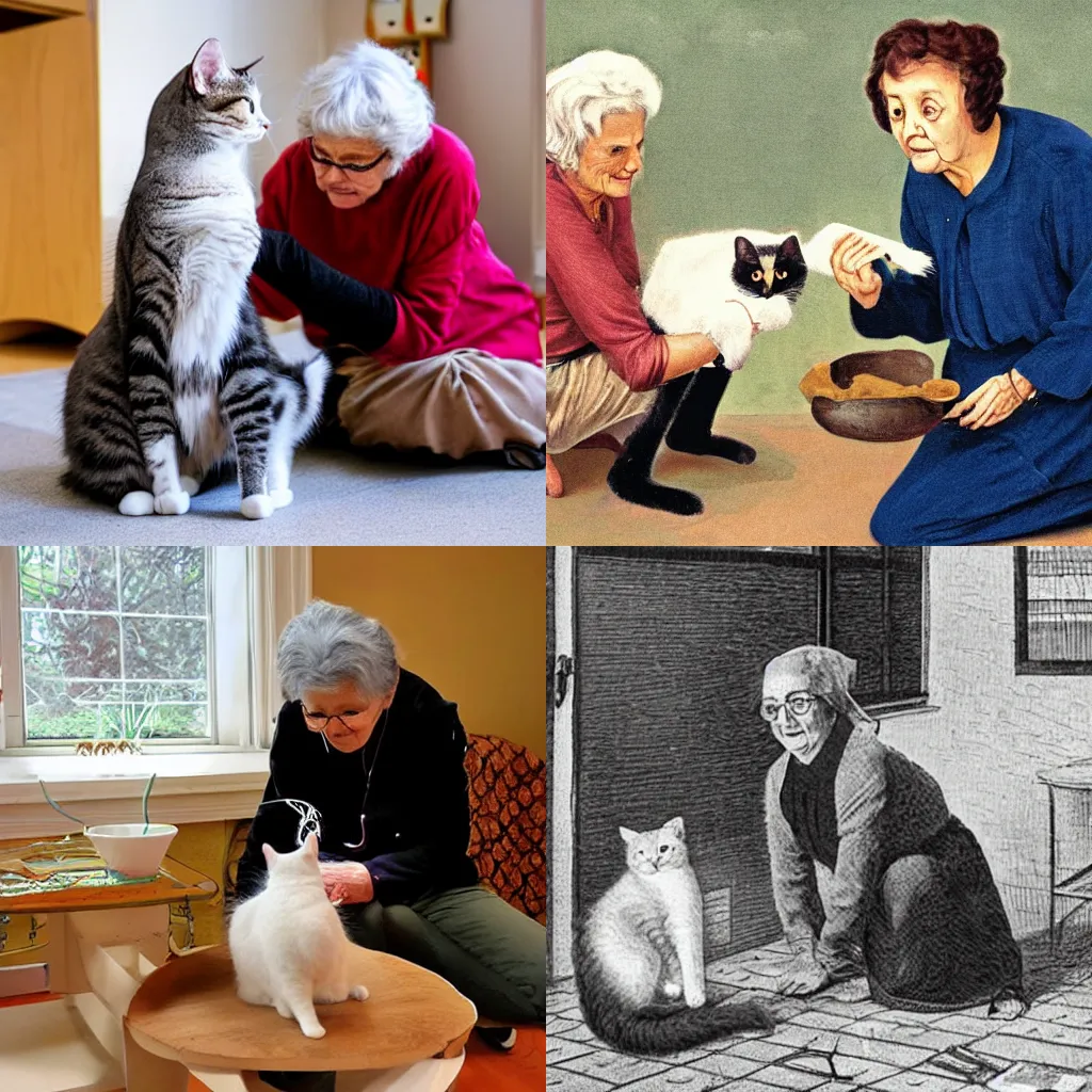 Prompt: An old woman trying to teach her cat how the Mersenne Twister works