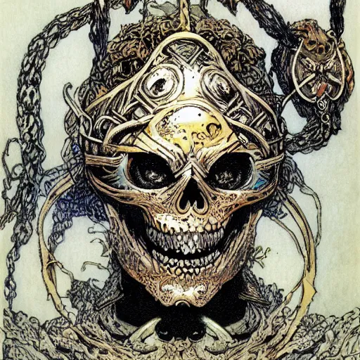 Image similar to portrait of skull with viking helmet and glowing eyes by rebecca guay, yoshitaka amano