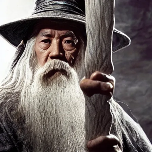 Image similar to a still from “ lord of the rings ” of a head and shoulders portrait of fei lung as a gandalf the wizard with a hat and a wooden staff, photo by phil noto