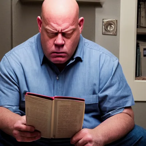 Image similar to a picture of hank schrader with a confused expression sitting on a toilet, reading a book