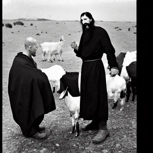 Prompt: photo of breton monks looking like rasputin, with a goat