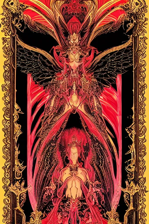 Prompt: Angel in the Light + black paper + elements + red + gold + neon + baroque + rococo + white + orange+ ink + tarot card with ornate border frame + marc Simonetti, paul pope, peter mohrbacher, detailed, intricate ink illustration