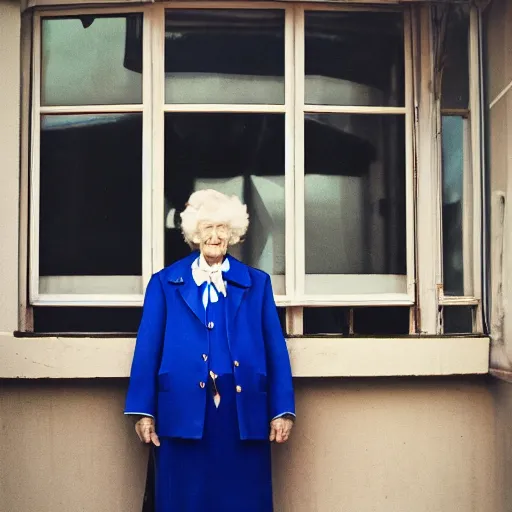 Prompt: Polaroid Medium Shot portrait of a very well-dressed old lady in a balcony of a blue hotel, photo made by Wes Anderson award winning, 4K