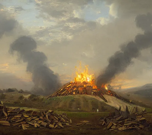 Image similar to landscape portrait of a an immense funeral pyre, with large green dollar bills in it, by william sidney mount, trending on artstation