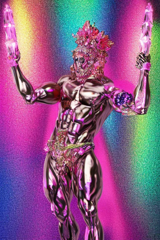 Prompt: hyper detailed ultra sharp fullbody photo of baroque and cyberpunk transparent pink gem sculpture of a muscular seductive muscular macho italian man feeling muy cachondo, muy dotado, iridescent humanoid deity wearing pink plastic seethrough cloak, holding a rainbow tiger gem, blue diamond, glowing pink face, crown of white diamonds, cinematic lighting, photorealistic, octane render 8 k
