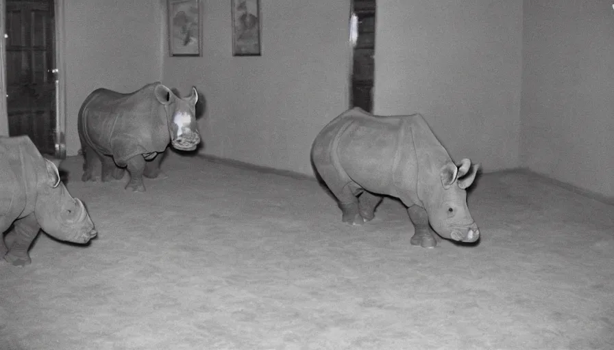 Image similar to a rhinoceros in a stalinist style room, by mini dv camera, very very low quality, heavy grain, very blurry, accidental flash, caught on trail cam