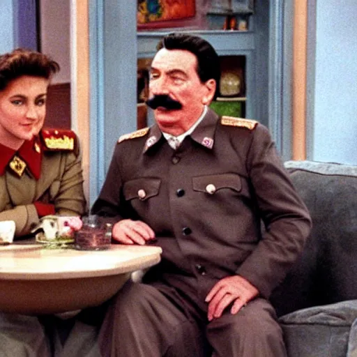 Prompt: A still of Stalin in the 1990s sitcom Friends