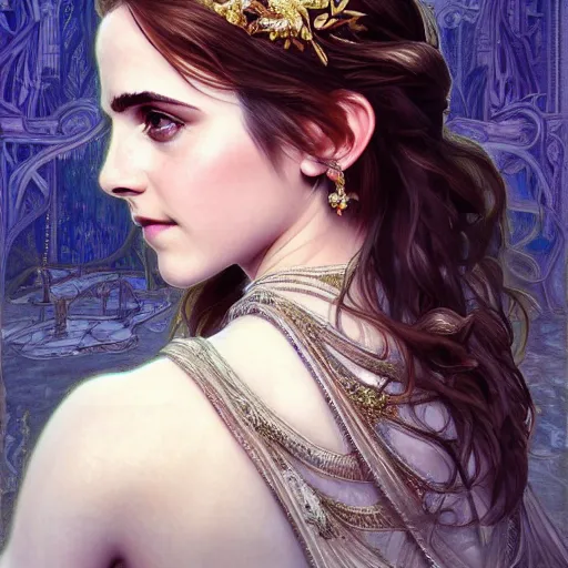 Image similar to Emma Watson as a Greek Goddess, cute, fantasy, intricate, elegant, highly detailed, digital painting, 4k, HDR, concept art, smooth, sharp focus, illustration, art by artgerm and H R Giger and alphonse mucha