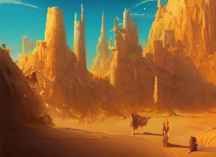 Image similar to cover concept art of the lost sand city, ruins, golden towers, golden pillars, volumetric lighting, official fanart behance hd artstation by Jesper Ejsing, by RHADS, Makoto Shinkai and Lois van baarle, ilya kuvshinov, rossdraws