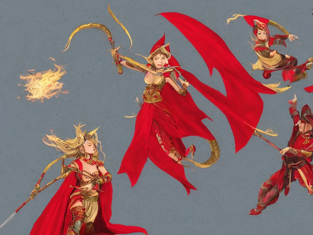 Image similar to a realistic asian fantasy illustration of a female elf mage in a scale mail and a red cape casting a fire spell in a shape of a dragon