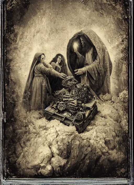 Image similar to old wetplate daguerreotype portrait of birth of jezus, explosion of data fragments, fractal, intricate, elegant, highly detailed, parallax, leica, medium format, subsurface scattering, by jheronimus bosch and greg rutkowski and louis jacques mande daguerre