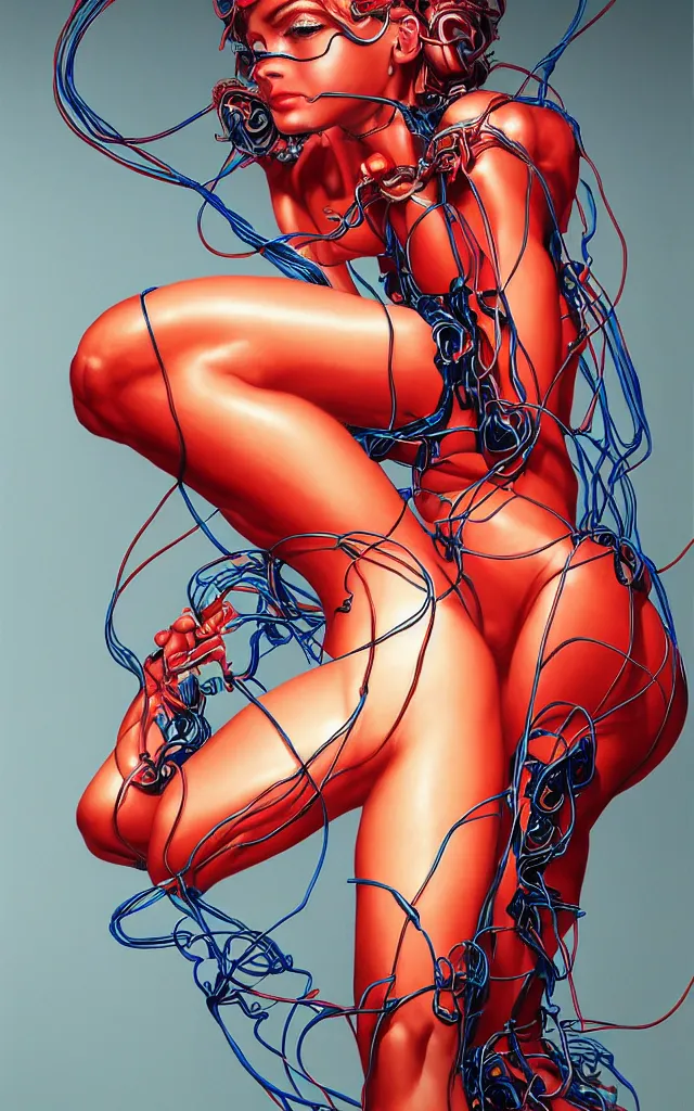 Image similar to beauty woman made of electrical wiring sitting on a stool, red, black, green, blue wires, , very detailed, dramatic lighting, mechanical details, back facing, electrical details, high details, 4k, 8k, trending on artstation, by Hajime Sorayama and Boris Vallejo