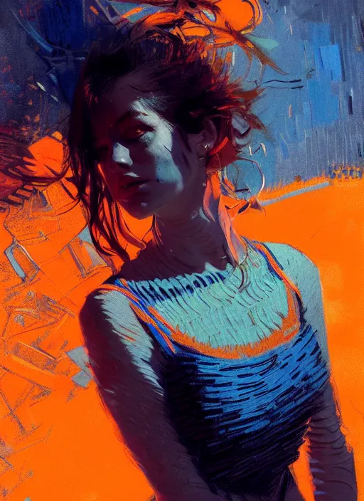 Prompt: portrait of beautiful girl, dancing, ecstatic, nighclub, sunset, shades of orange and blue, beautiful face, rule of thirds, intricate outfit, spotlight, by greg rutkowski, by jeremy mann, by francoise nielly, by van gogh, digital painting