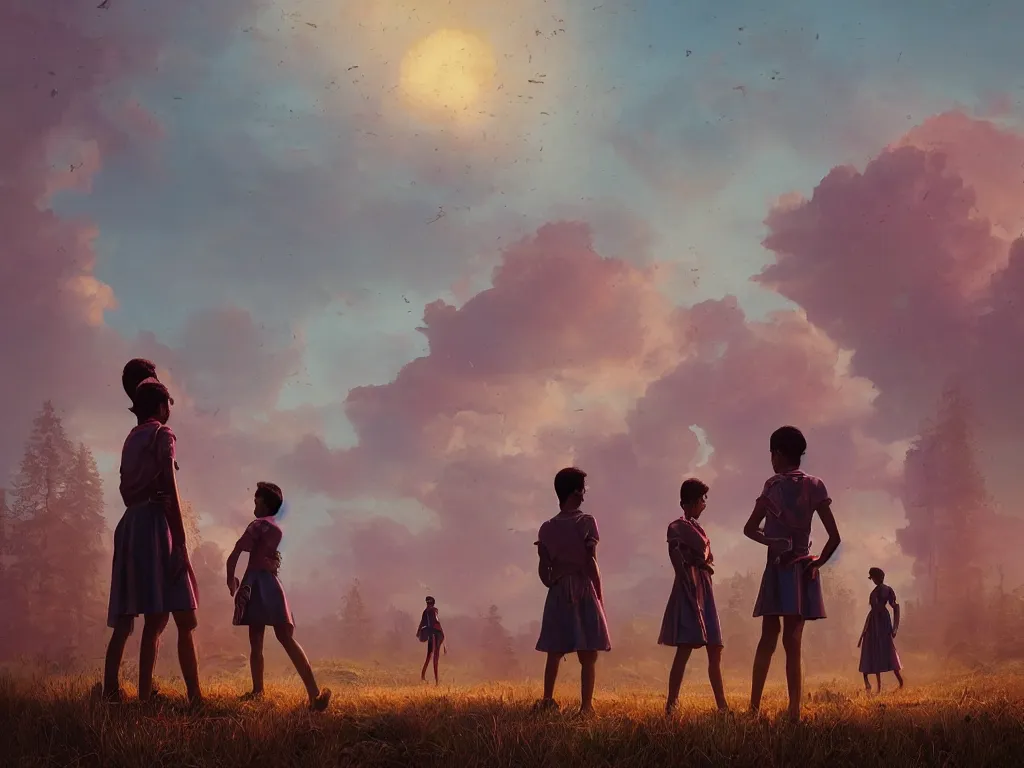 Image similar to kerala school boys wearing girls dresses posing for a photo, an epic fantasy, dramatic lighting, cinematic, establishing shot, extremely high detail, photorealistic, cinematic lighting, artstation, matte painting by simon stalenhag, horizon forbidden west