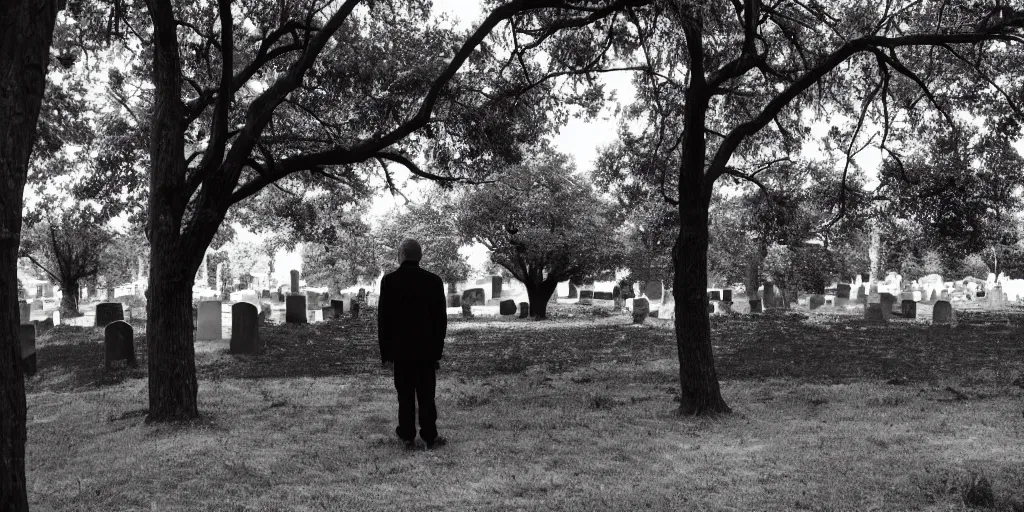 Image similar to Photo of a man in black near a tree in the cemetery looking into the distance