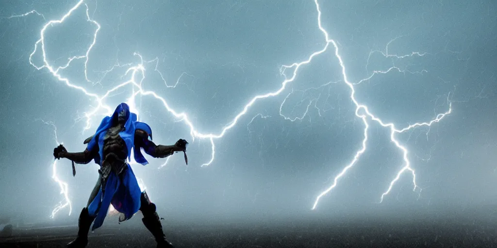 Image similar to skeletor fighting he - man, fog on the ground, heavy rain, lightning, moody lighting, shallow depth of field,