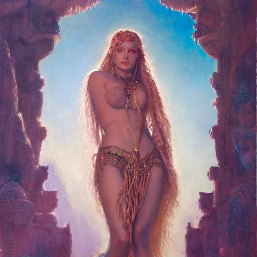 Image similar to birth of sumerian goddess inanna ishtar, ashteroth, techno mystic goddess princess intergalactica, with aqua neon rapunzel dreadlocks, mami wata, detailed, by gaston bussiere, bayard wu, greg rutkowski, giger, maxim verehin, greg rutkowski, masterpiece, sharp focus,