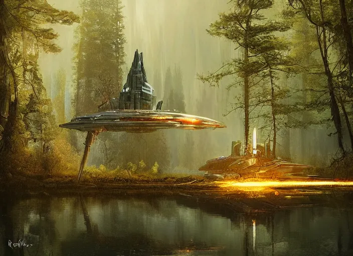 Image similar to a spaceship emerging from a lake, forest by Raoul Vitale and Greg Rutkowski