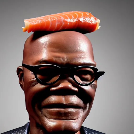 Image similar to uhd statue of samuel l. jackson made entirely of smoked salmon