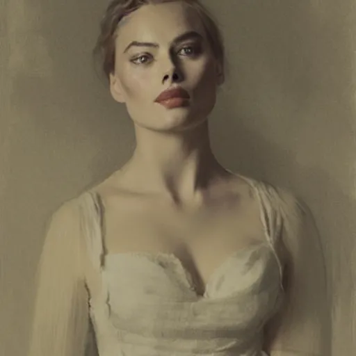 Image similar to portrait of Margot Robbie, antebellum dress, b&w shading, by Ilya Repin, and Greg Rutkowski