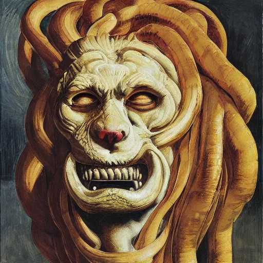 Image similar to a snake snake disguised as a lion head neck neck head mane tall long viper teeth head eyes giorgio de chirico peter doig greg rutkowski lucian freud arsen savadov dan witz vik muniz