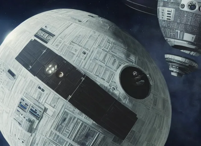 Image similar to film still of the death star hovering above earth in the new star wars movie, 4 k