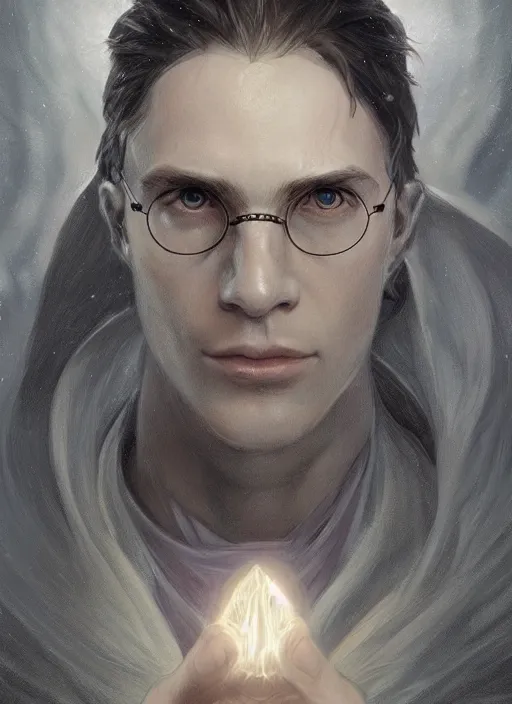 Prompt: Portrait of Harry Potter, white glowing eyes, cloak, ethereal wings, male, fantasy, extremely detailed, digital painting, artstation, concept art, smooth, sharp focus, illustration, stunning lighting, art by artgerm and greg rutkowski and alphonse mucha and simon stalenhag, realistic character concept, high fantasy, light atmosphere, golden ratio, cinematic lighting, hyperdetailed, high resolution, insanely detailed and intricate, artstation, Marc Simonetti, Greg Rutkowski, 8k