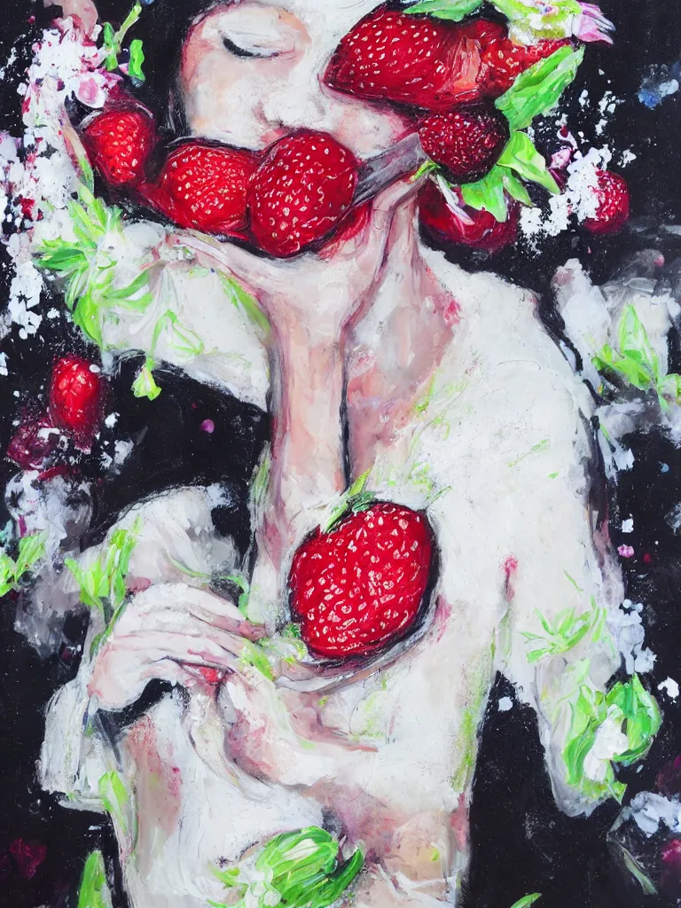 Image similar to “organic, portrait of a woman wearing white silk, neoexpressionist, eating luscious fresh raspberries and strawberries and blueberries, edible flowers, black background, acrylic and spray paint and wax and oilstick on canvas”