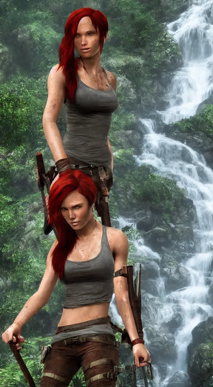 Prompt: tomb raider with red hair in front of a waterfall