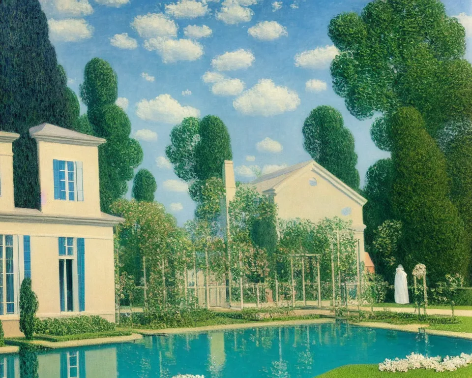 Image similar to achingly beautiful painting of a sophisticated, well - decorated pool house in spring by rene magritte, monet, and turner.