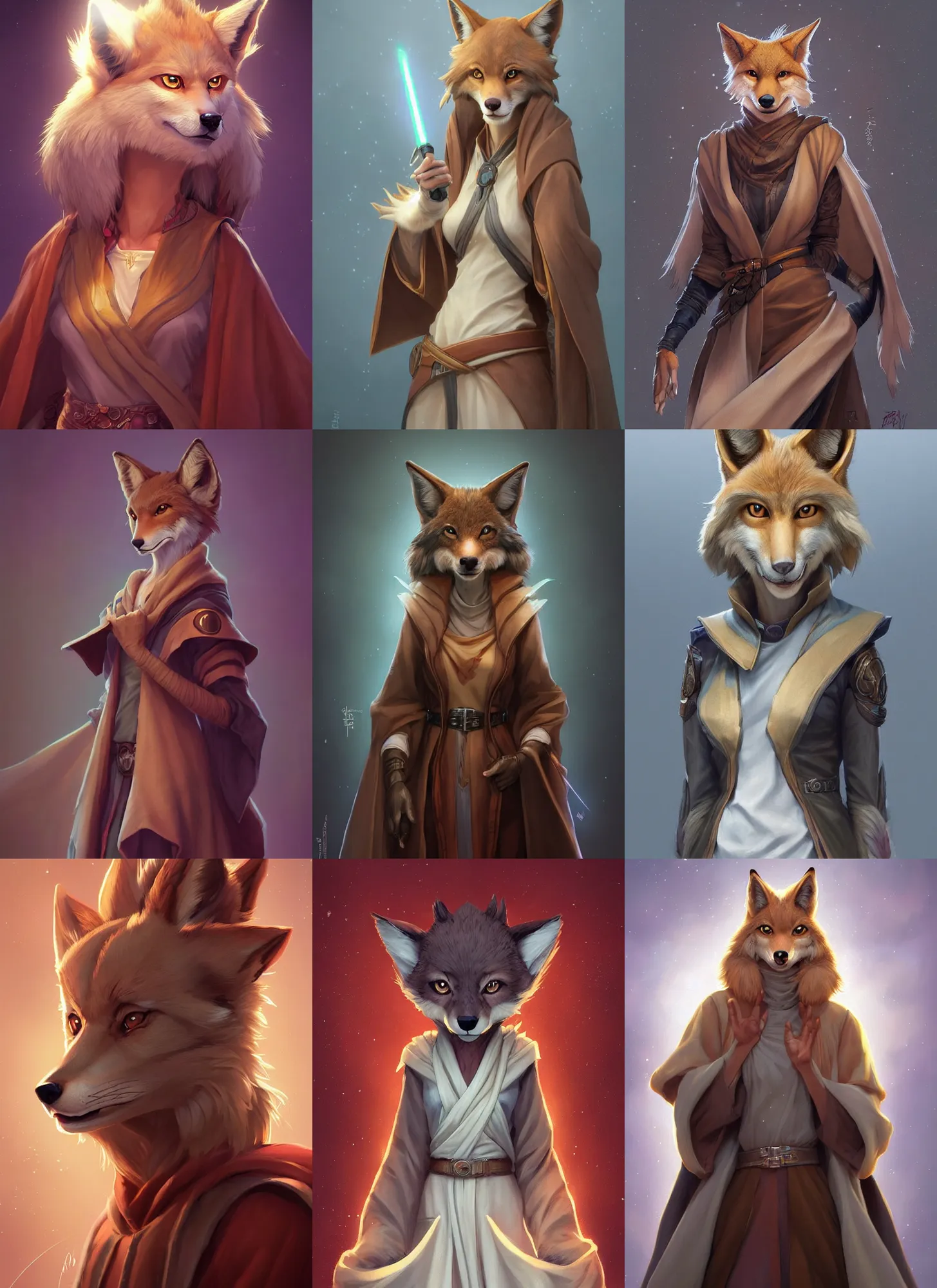 Prompt: beautiful portrait of a female anthropomorphic coyote fursona wearing jedi robes looking bashful. detailed hands. character design by charlie bowater, ross tran, artgerm, and makoto shinkai, detailed, soft lighting, rendered in octane