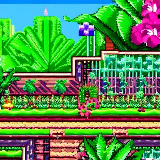 Prompt: A tropical garden in the style of an 16 bit sonic game