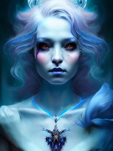 Image similar to dark sorceress with blue skin by james jean, charlie bowater, tom bagshaw, nikolay makovsky, melanie delon : : enchanting, ethereal, magical, glowing, sparkle, prismatic, portrait, character design, illustration, hyperrealism, photorealism, digital art, concept art, dark fantasy, whimsy, weta, wlop, artstation